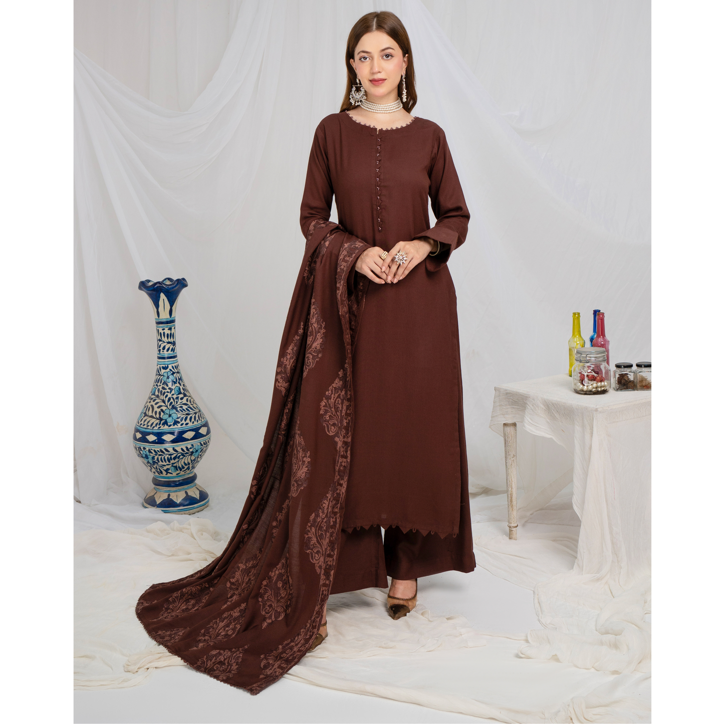 (brown) 3 Pc Dhanak Shirt & Plazo with Dhanak Shawl | Winter Collection | SIMRANS