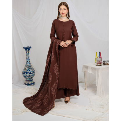 (brown) 3 Pc Dhanak Shirt & Plazo with Dhanak Shawl | Winter Collection | SIMRANS