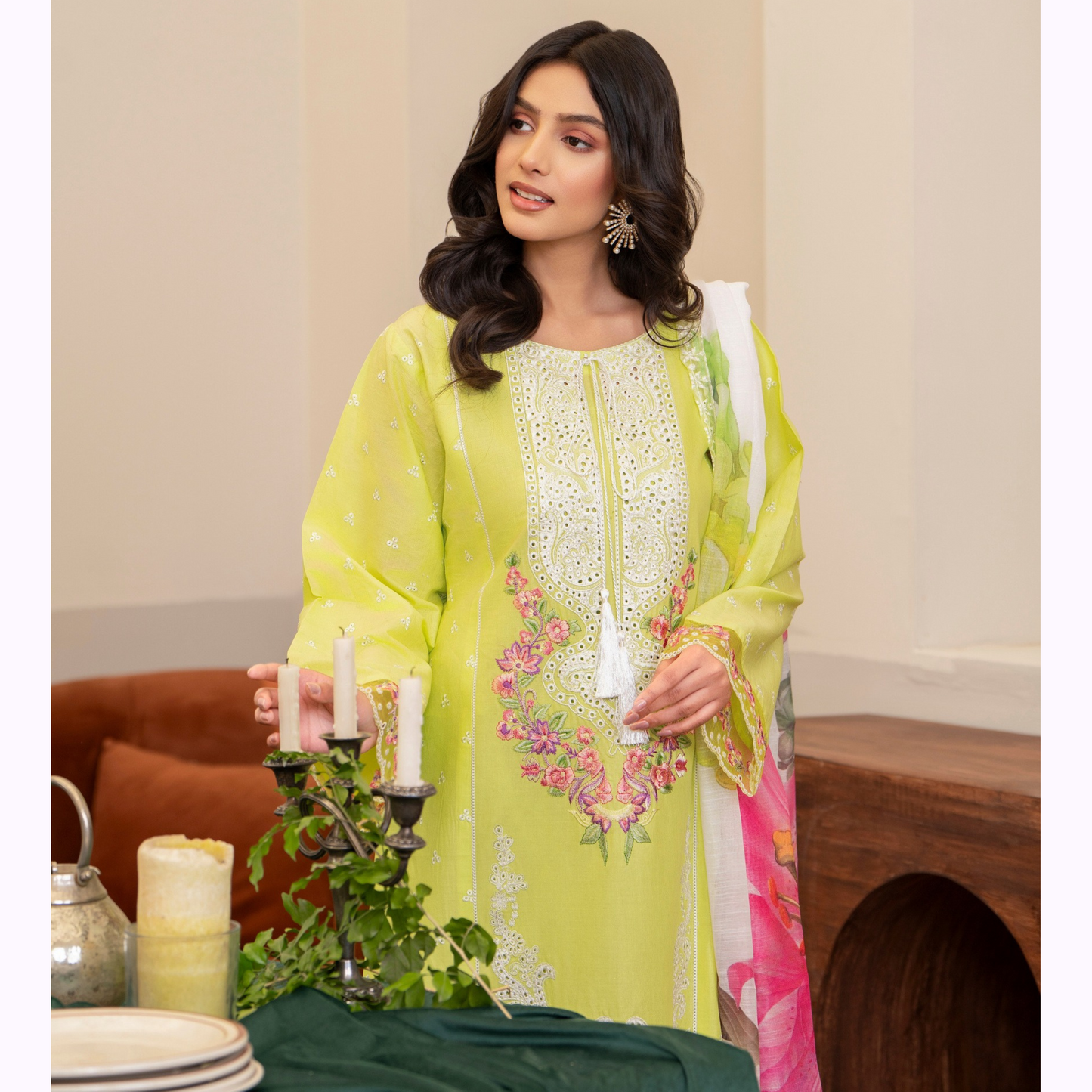UKC-24 (Avacado Green) Chikenkari Cambric Cotton Ready to Wear Eid Collection 3 Pc - Karma Collection