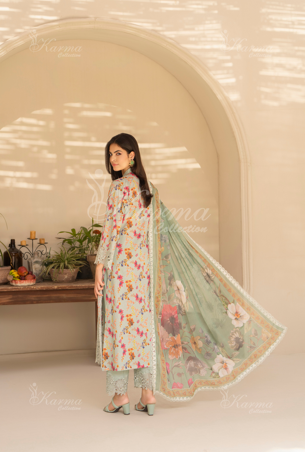 Mist Grey  Printed Chikenkari Cotton Lawn 3 Pc - Karma Collection