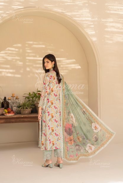 Mist Grey  Printed Chikenkari Cotton Lawn 3 Pc - Karma Collection