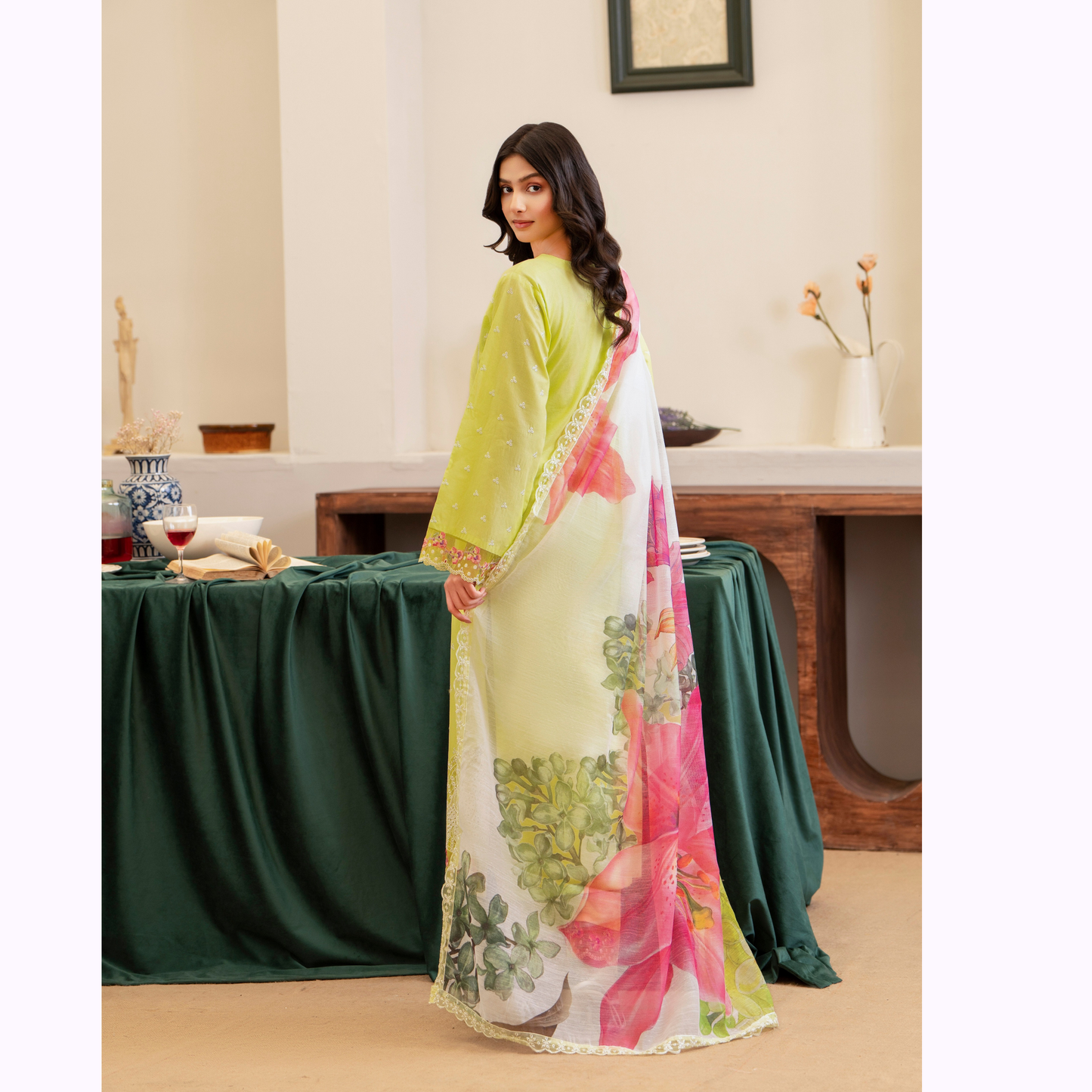 UKC-24 (Avacado Green) Chikenkari Cambric Cotton Ready to Wear Eid Collection 3 Pc - Karma Collection