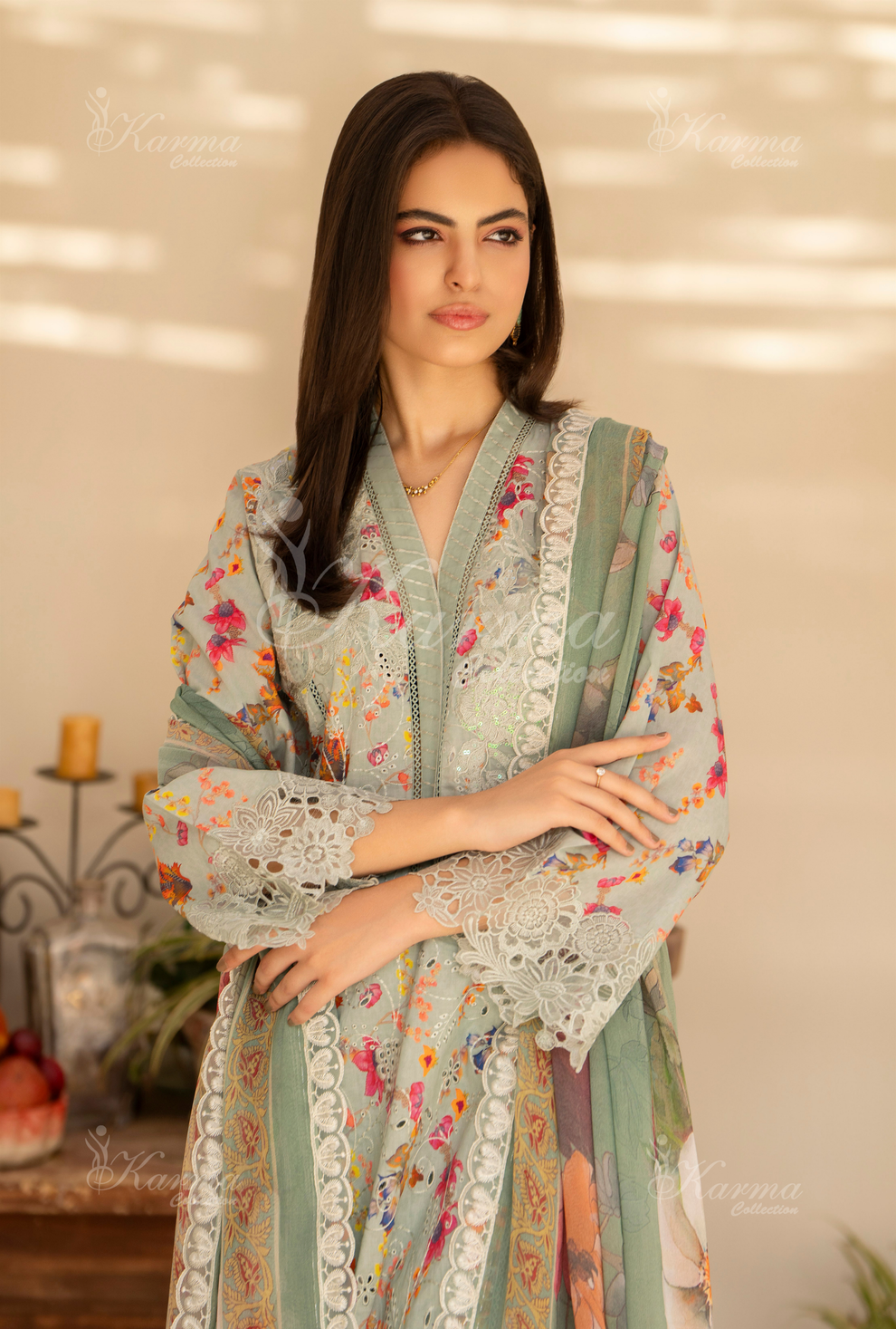Mist Grey  Printed Chikenkari Cotton Lawn 3 Pc - Karma Collection