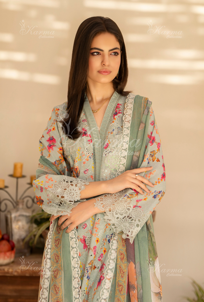 Mist Grey  Printed Chikenkari Cotton Lawn 3 Pc - Karma Collection