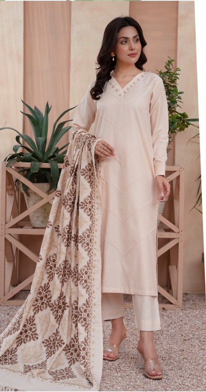 (Cream) 3 Pc Dhanak Dress with Embroidered Wool Shawl Dupatta | Winter Wear | RANIYA.H