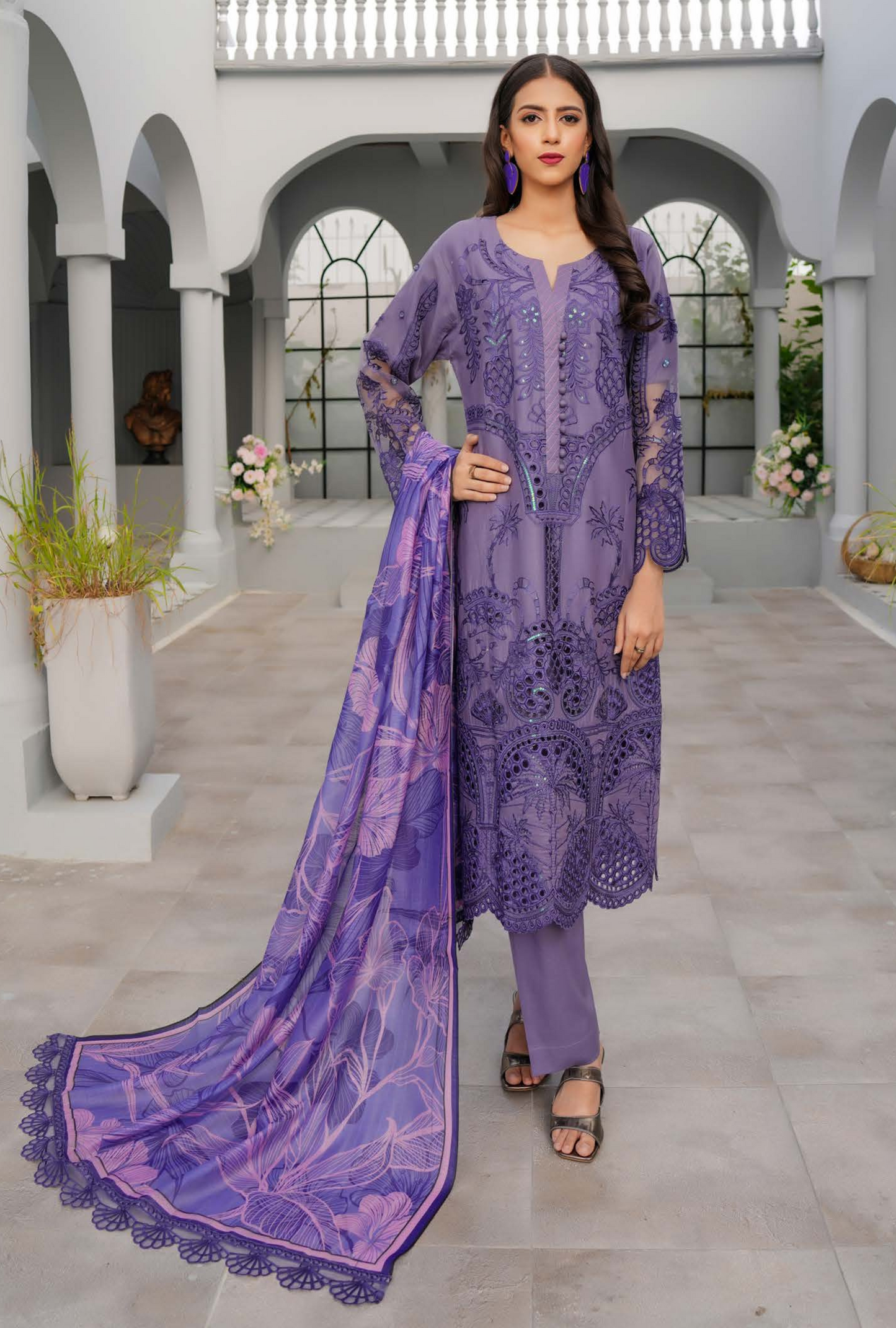 (Lavender) Heavy Embroidered Cotton Linen Ready to Wear Dress - MUNIRA