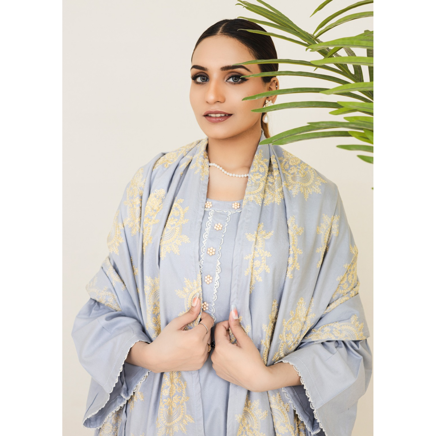 (Light Grey)  3 Pc Dhanak Dress with Embroidered Dhanak Shawl | Winter Collection | Rangz