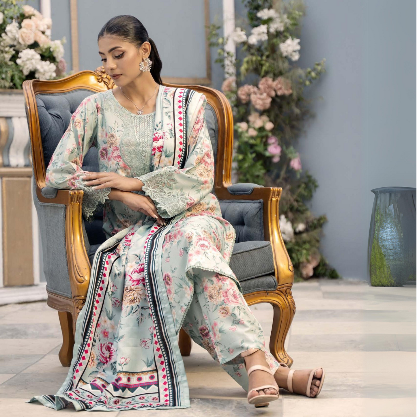 (Multi) Embroidered Printed Dhanak Dress with Dhanak Shawl | Winter Collection | Raniya.h