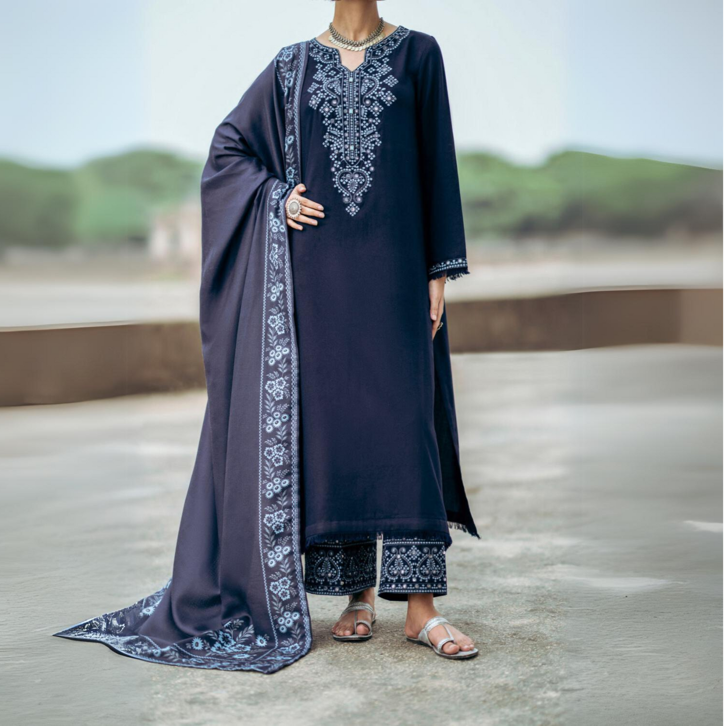 (Dark Blue) Embroidered Dhanak Collection Pc Ready to Wear by Casuallite