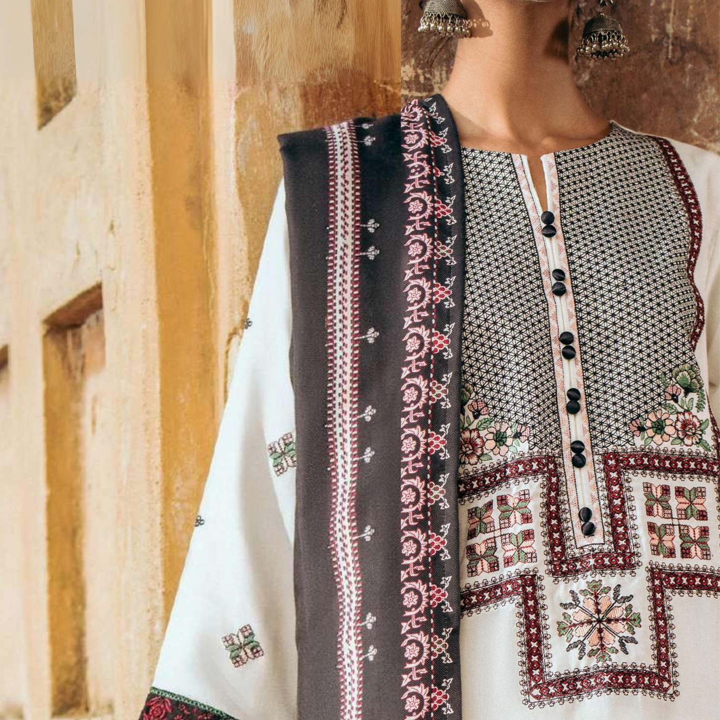 (Off White) 3 Piece Embroidered Dhanak Ready to Wear Collection by Casuallite | UMCAE0603