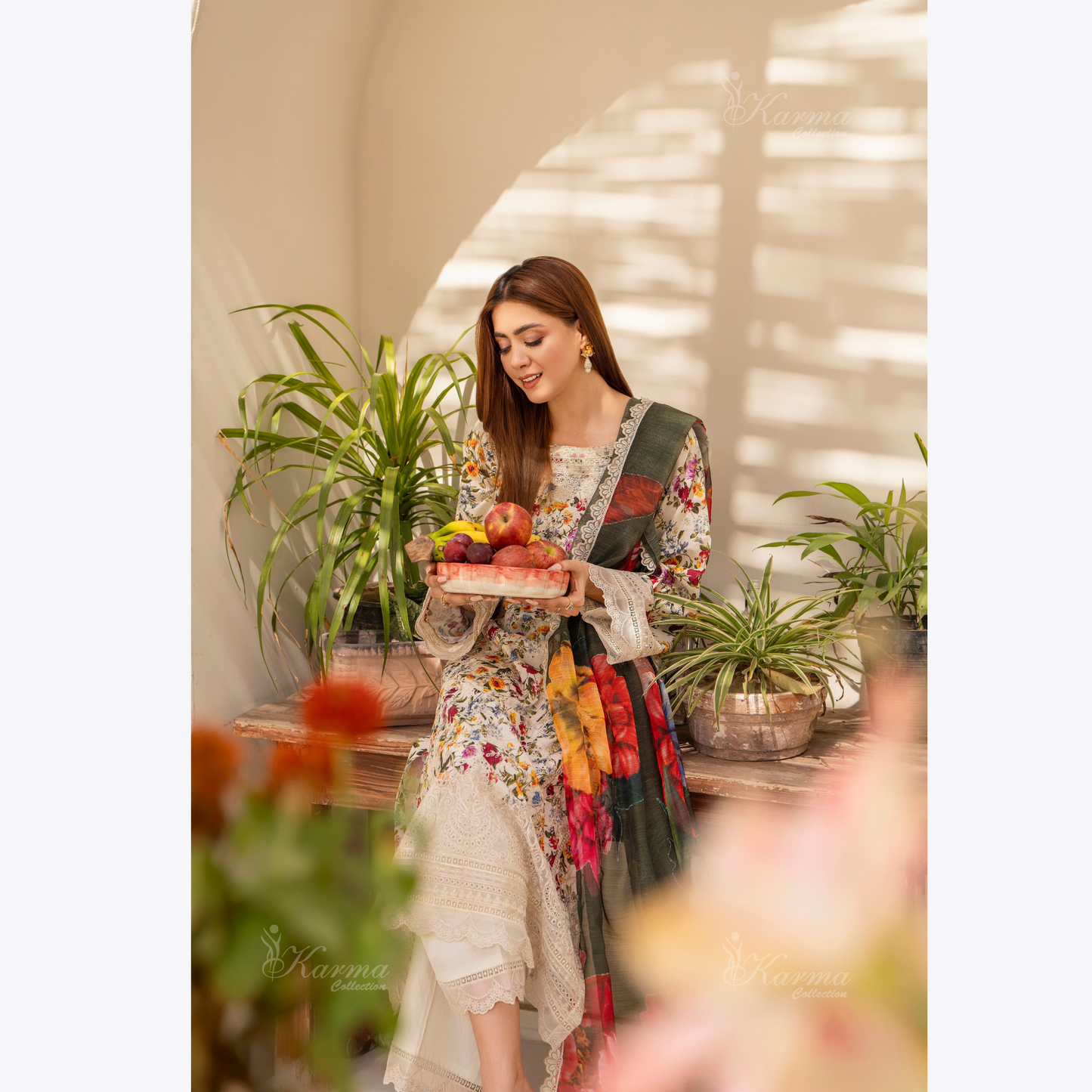 Multi floral Print Cotrai dhanak with pasmina wool shawl 3 Pc - Karma Collection | UMKC0601