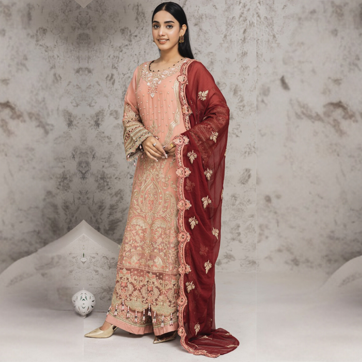 Luxury Handwork Embroidered Dress with Chiffon Dupatta 3 Pc | Winter Collection | Rangz | UMRGZ4000
