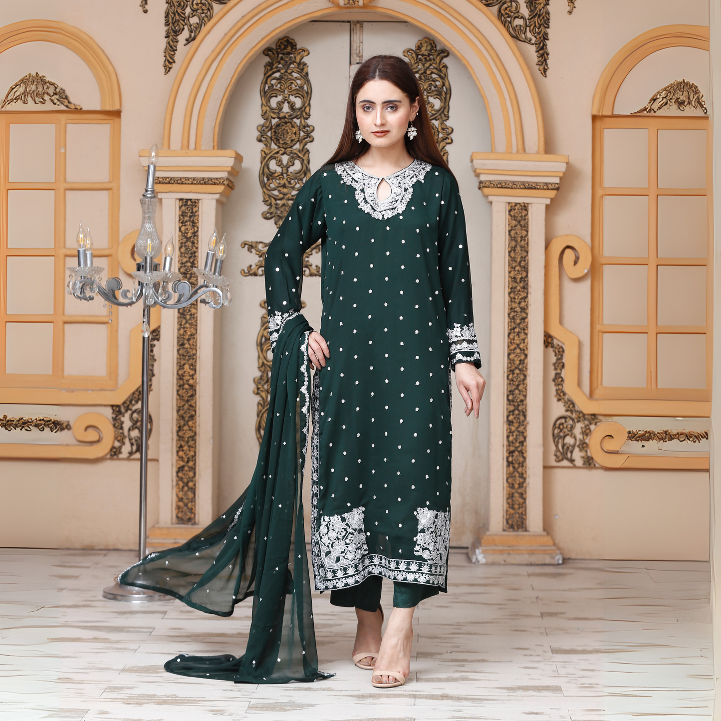 UA-54 3Pc Luxury Embroidered Chiffon Dress with Chiffon Dupatta 3 Pc |Ready to Wear| Umnaa