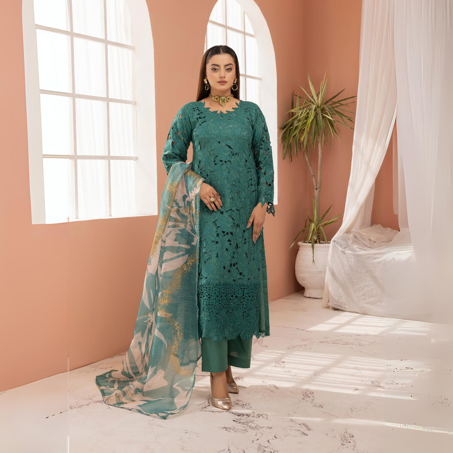 UMS-16 3 Pc Chikenkari Cambric Cotton Ready to Wear Dress | Simrans