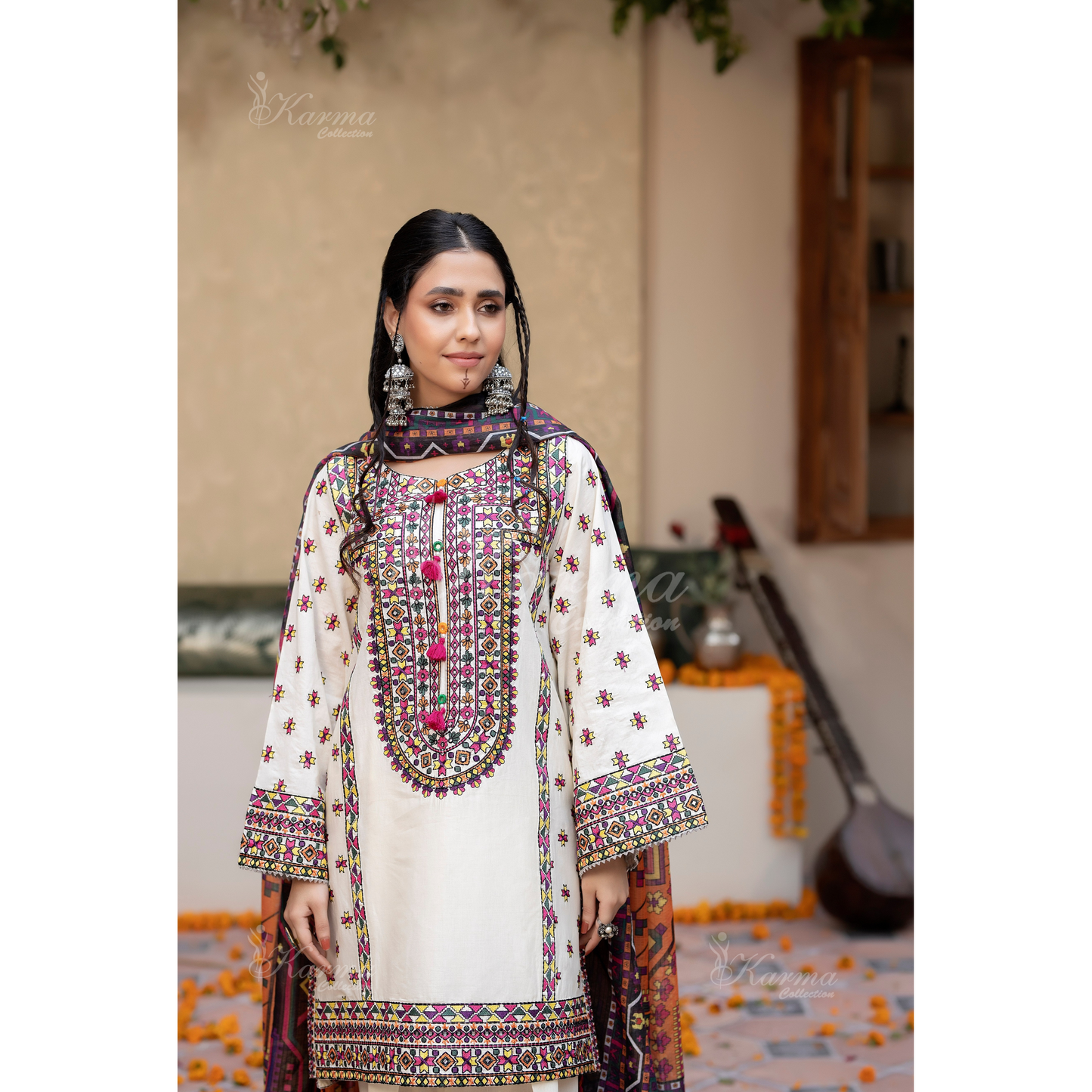 KC-1433 Embroidered Cambric Cotton Farshi Shalwar Kameez Ready to Wear 3 Pc - Karma Collection