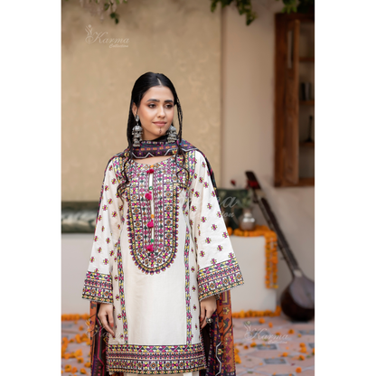 KC-1433 Embroidered Cambric Cotton Farshi Shalwar Kameez Ready to Wear 3 Pc - Karma Collection