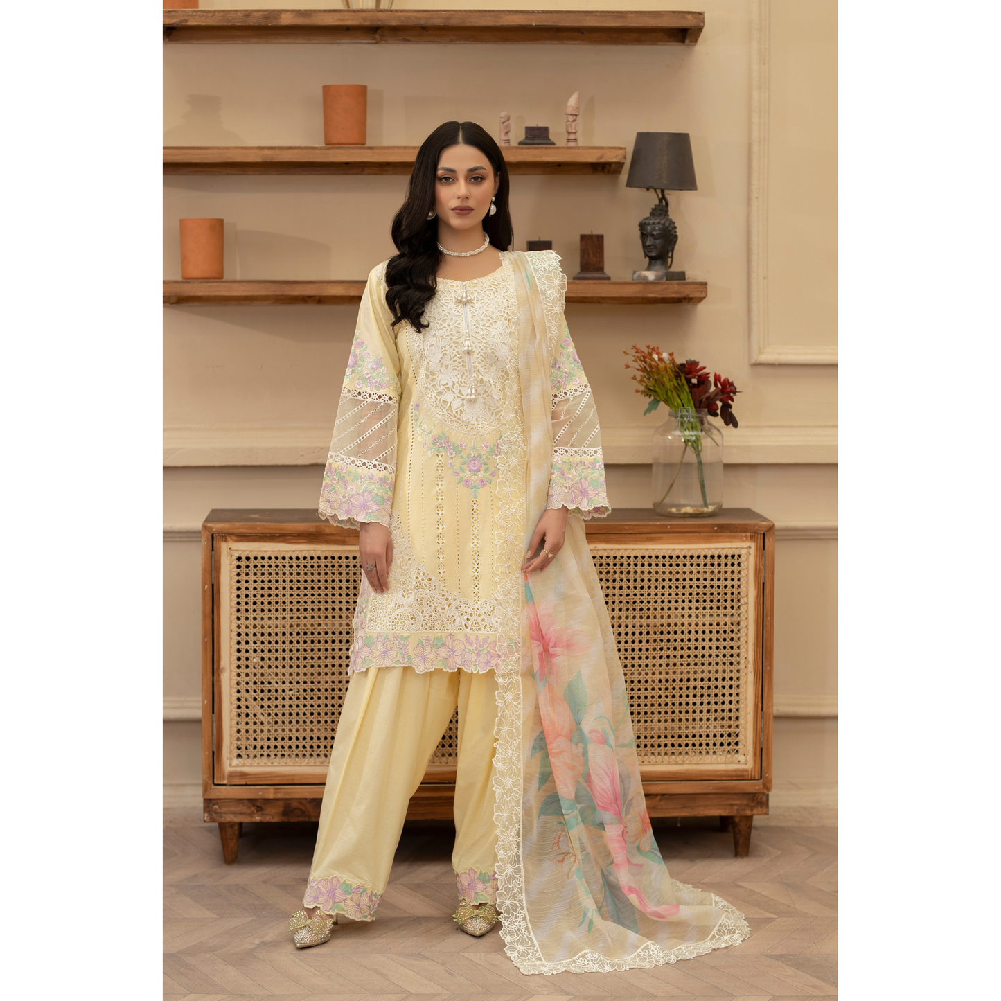 KC-1435 Embroidered Cambric Cotton Farshi Shalwar Kameez Ready to Wear 3 Pc - Karma Collection