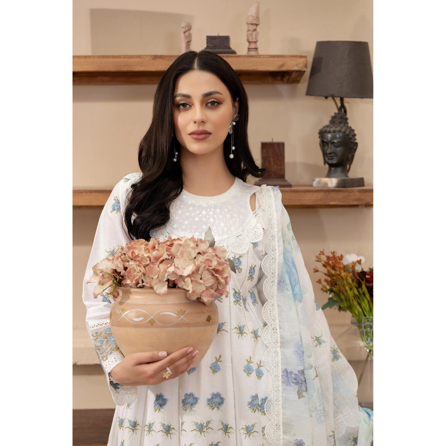 KC-1436 Embroidered Cambric Cotton long Frock Dress Ready to Wear 3 Pc - Karma Collection