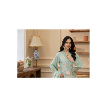 KC-1437 Embroidered Cambric Cotton long Frock Dress Ready to Wear 3 Pc - Karma Collection