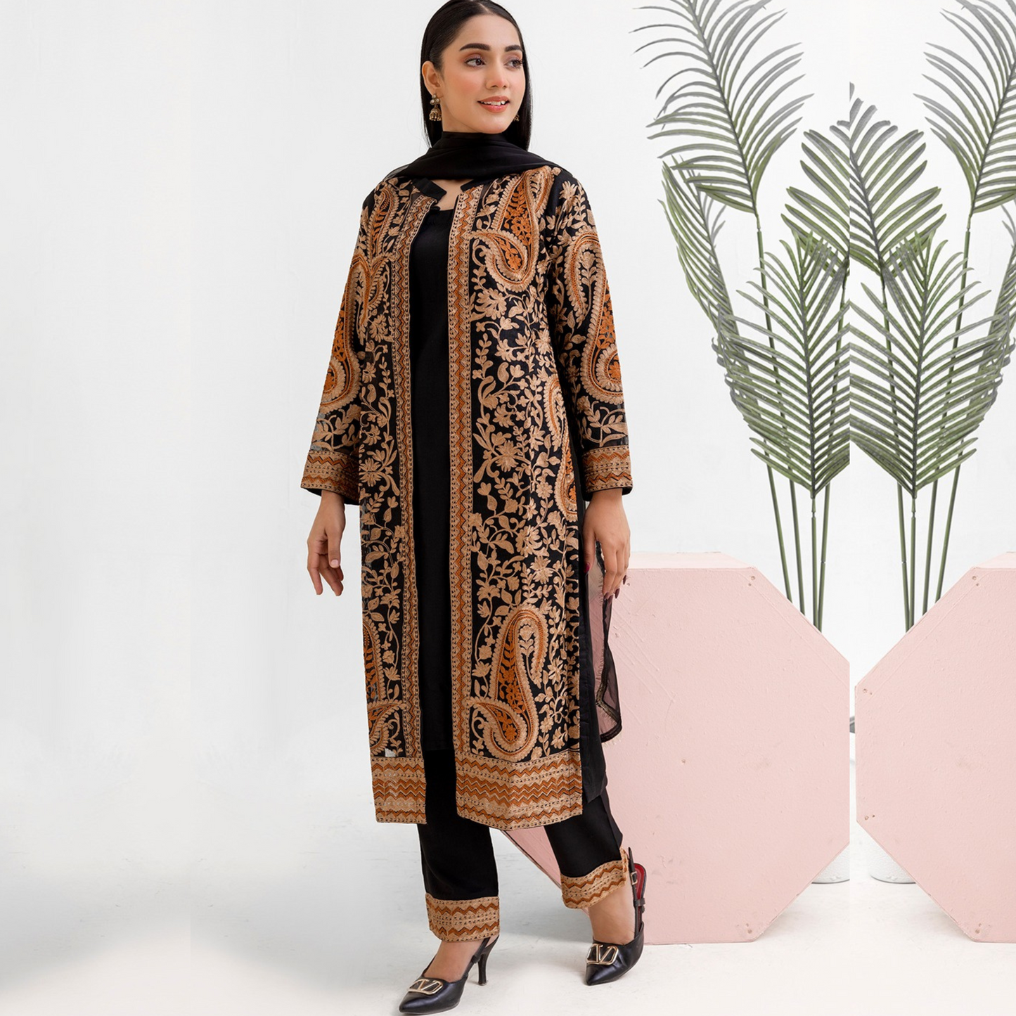 UMRZ-44 Embroidered Linen Coat Style Shirt with Pocket Trouser Dress and Chiffon Dupatta 3 Pc |Ready to Wear| Rangz