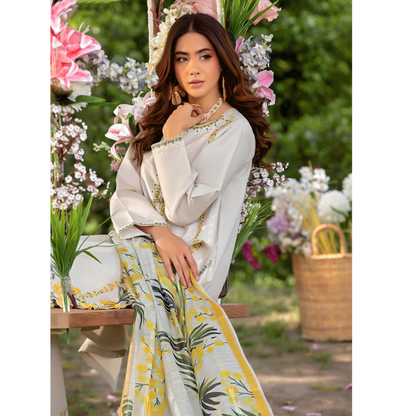 UHE-51 (Beige) 3 Pc Embroidered Cambric Cotton trending Farshi Shalwar ready to wear Dress | Summer Wear | Heera's