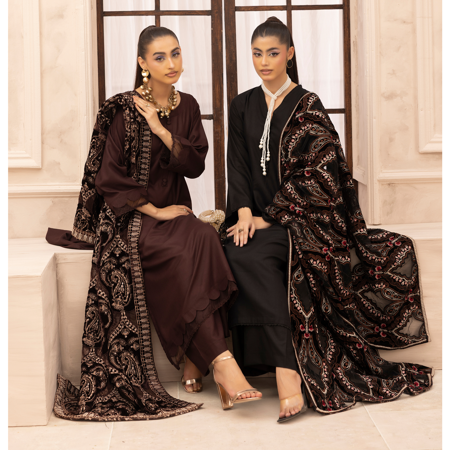 UMS-37 Hanna by Simrans Embroidered Dhanak Dress with Winter Laser Cut Shawl | Ready to Wear | Asian Clothes