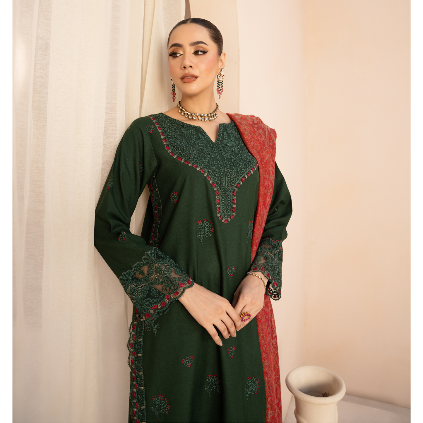 UA-140 Embroidered Dhanak Dress with Pashmina Shawl | Ready to Wear | Asian Clothes
