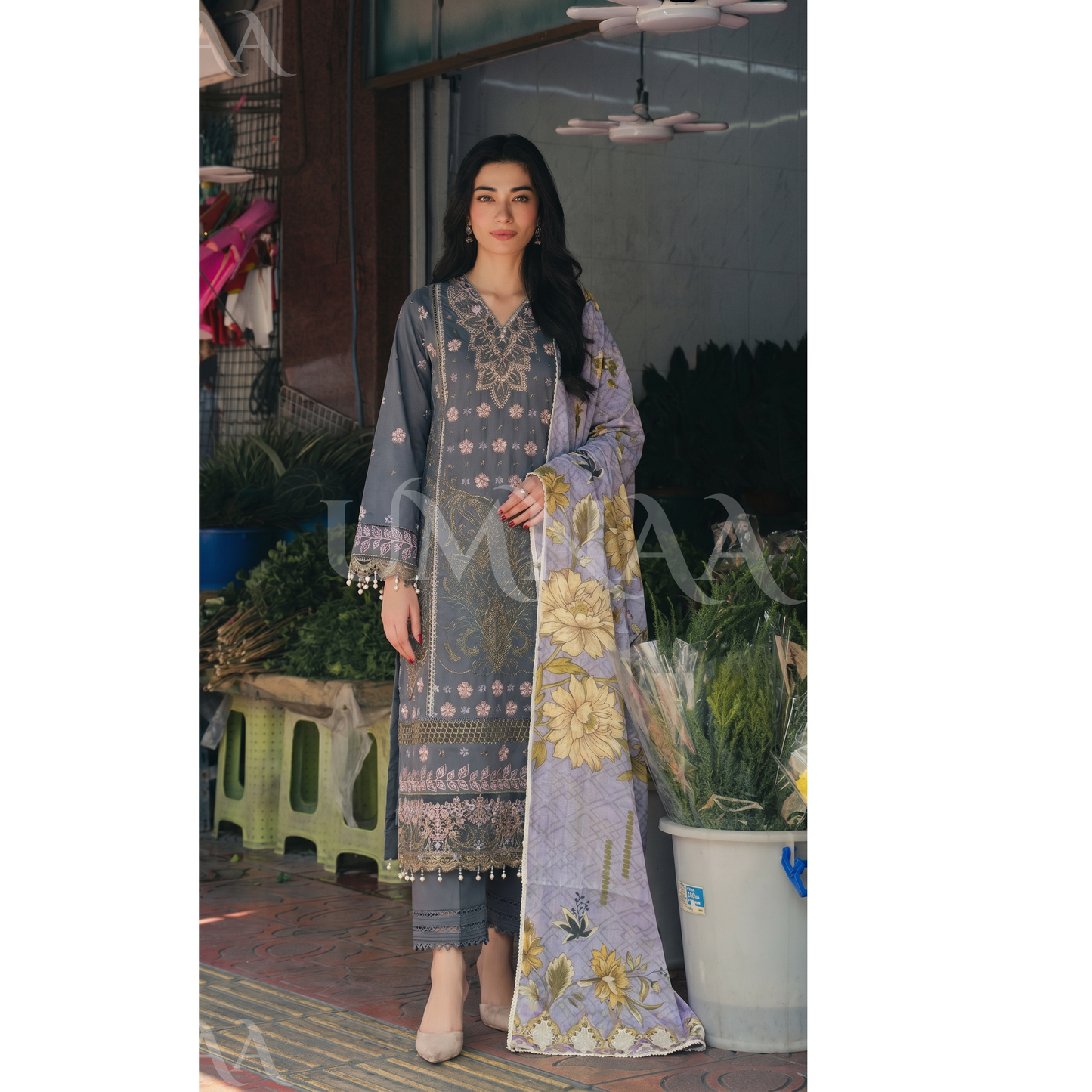 UB-01 3 Pc Embroidered Linen Dress With Cotton Silk Printed Dupatta  By UB