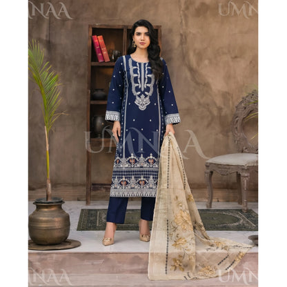 UB-03 3 Pc Embroidered Linen Dress With Cotton Silk Printed Dupatta  By UB