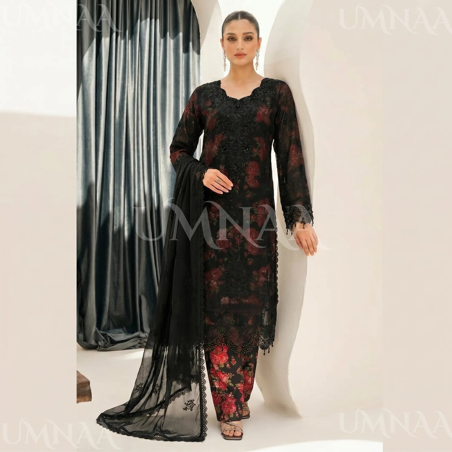 UA-184 Embroidered Chiffon 3-Piece with Printed Lining & Trouser
