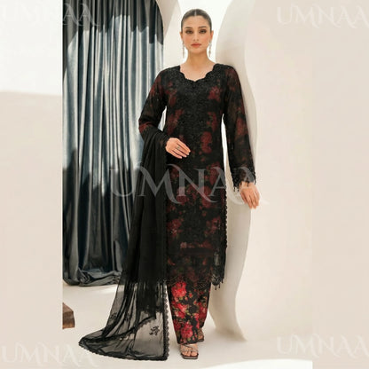 UA-184 Embroidered Chiffon 3-Piece with Printed Lining & Trouser