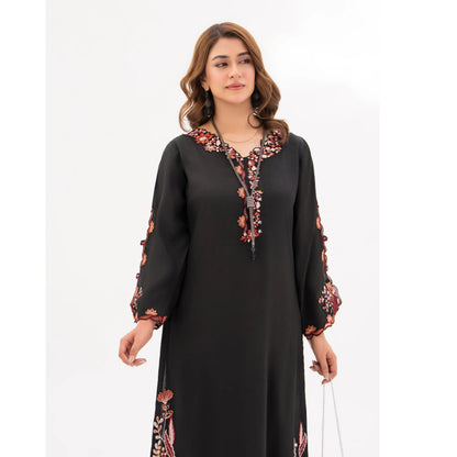 RA-32 MIDNIGHT BLOSSOM Embroidered Raw Silk Long Kaftan Style 2 Piece | Elegant Women's Festive & Formal Wear