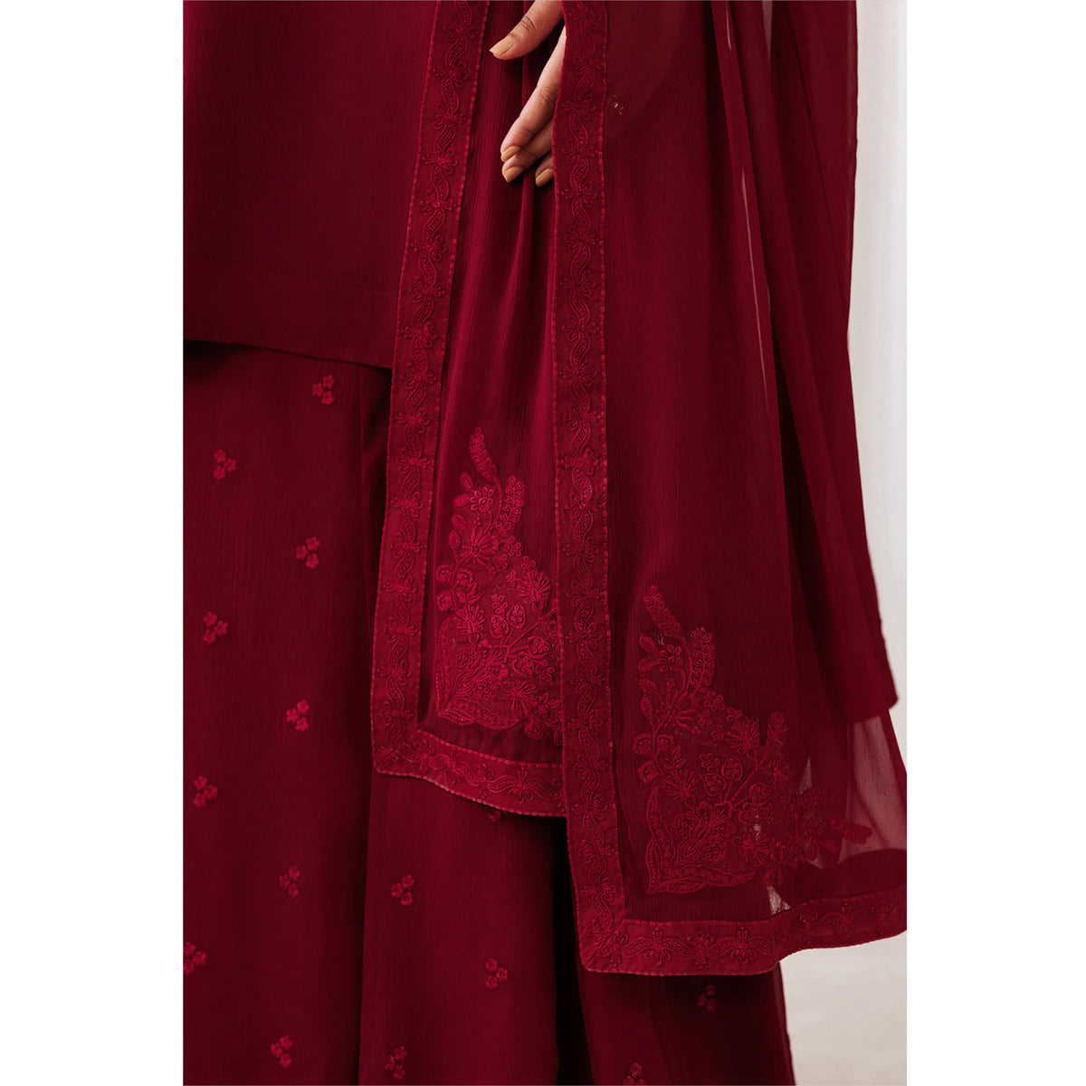 UA-230 Chiffon Sharara Full Sleeves Lined 3 Piece Suit | Chiffon Shirt with Embroidered Sharara & Dupatta | Formal Party Wear