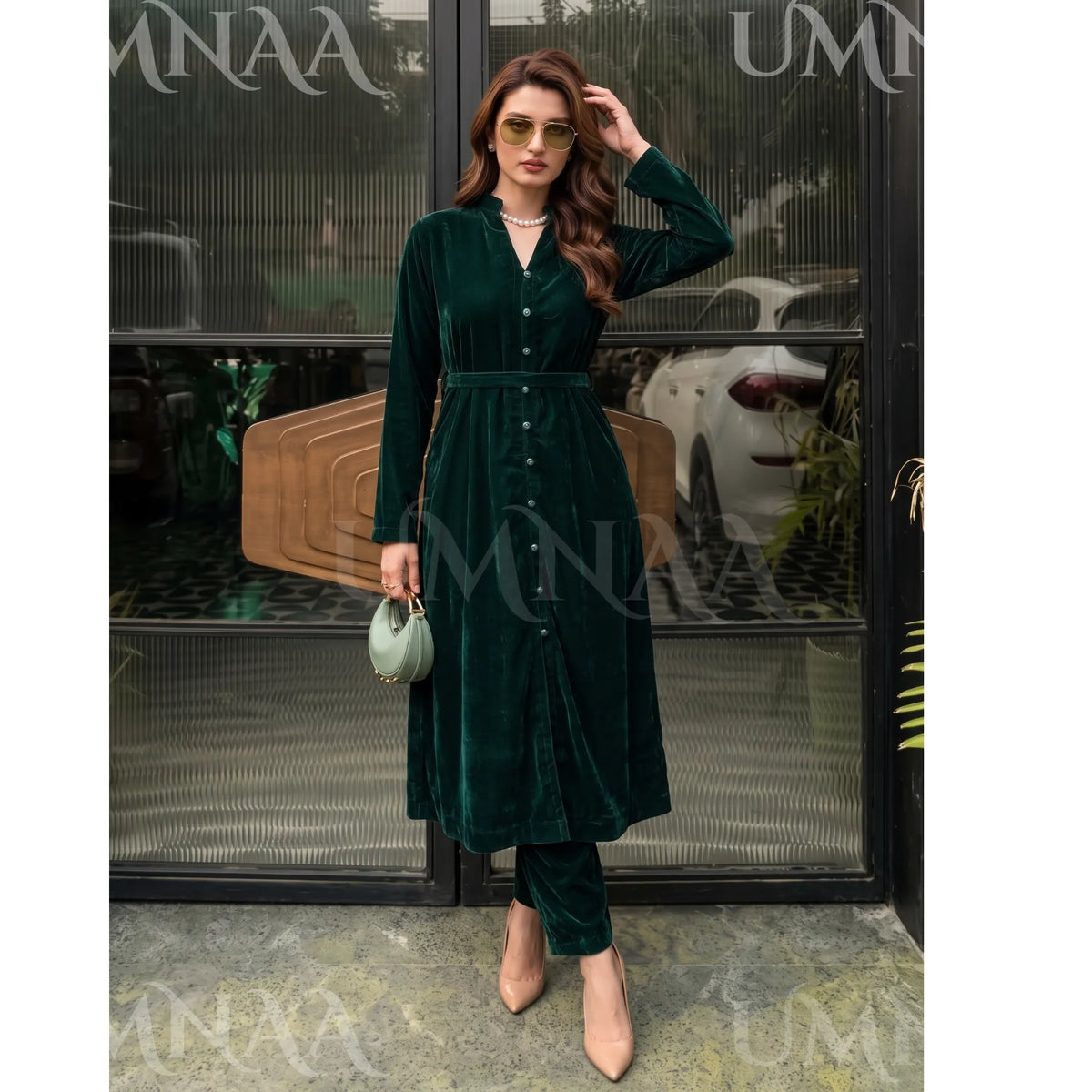 UA-301 Coat Style Velvet Co-Ords 2 Pc | Umnaa - Bottle Green