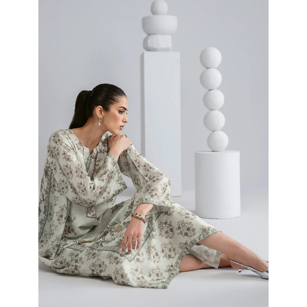 UAL-08 Printed Silk Kaftan with Trouser 2 Pc Set | Ally's