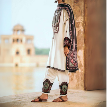 (Off White) 3 Piece Embroidered Dhanak Ready to Wear Collection by Casuallite | UMCAE0603