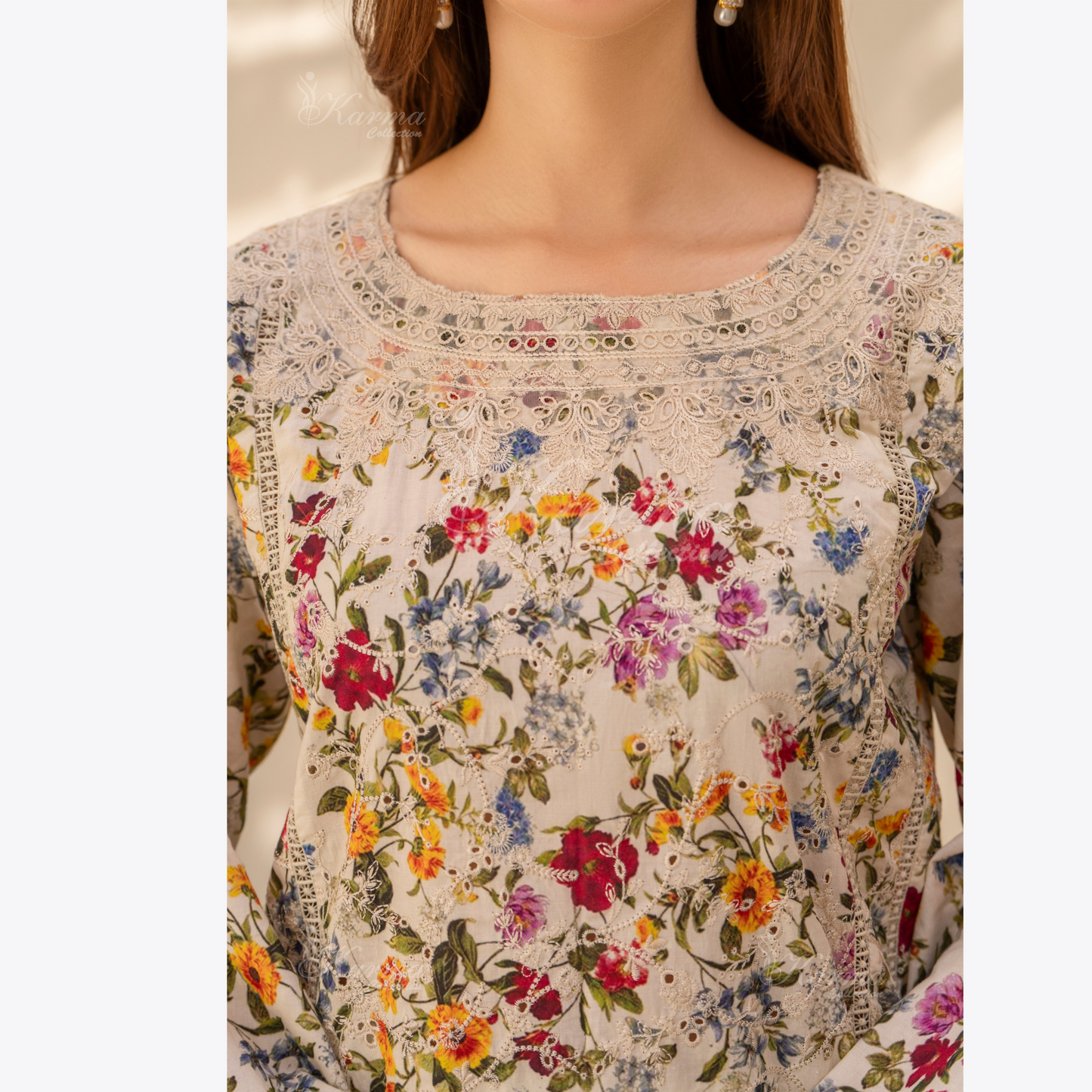 Multi floral Print Cotrai dhanak with pasmina wool shawl 3 Pc - Karma Collection | UMKC0601