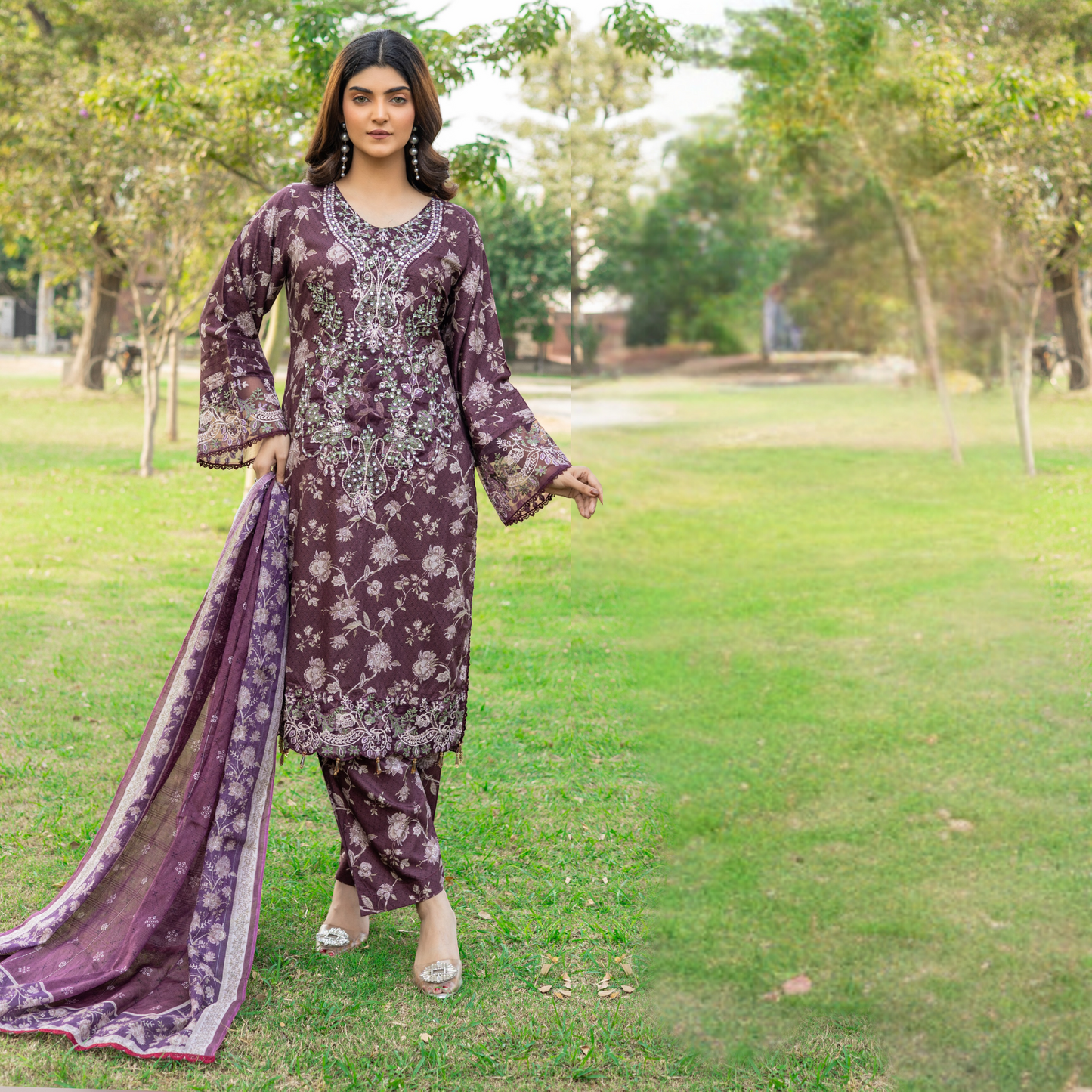 Winter Linen Printed Handwork Embroidered Dress 3 Pc |Ready to Wear| Rangz | UMRGZ3700
