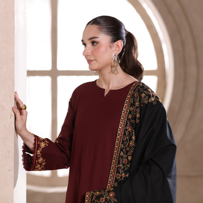UA-29 3 Pc Embroidered Dhanak Dress with Embroidered Dhanak Shawl Pakistani Dress | UMNAA