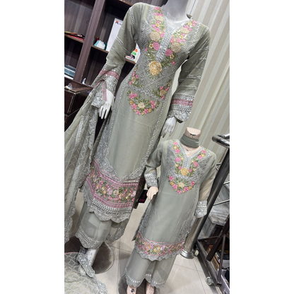 UA-52 3 Pc Luxury mother daughter Embroidered Chiffon Collection- Umnaa