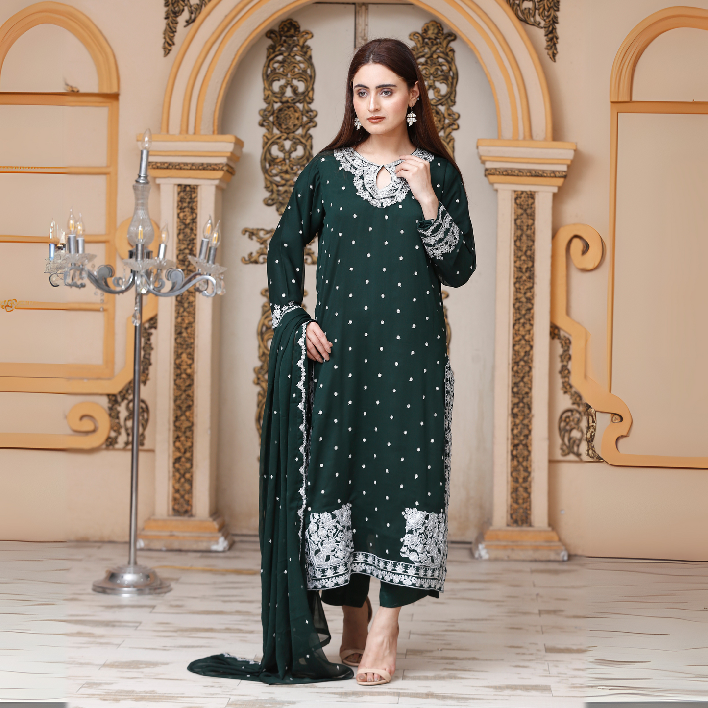 UA-54 3Pc Luxury Embroidered Chiffon Dress with Chiffon Dupatta 3 Pc |Ready to Wear| Umnaa