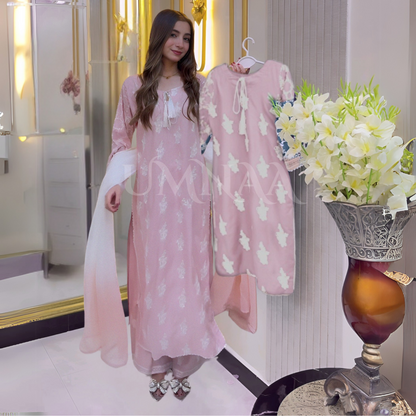 UA-57 3 Pc Luxury mother daughter Embroidered Linen Collection- Umnaa