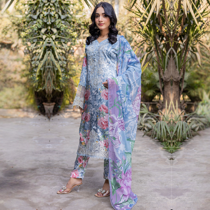 UMRZ-42 Embroidered Printed Silk Pakistani 3 Pc Dress| Ready to Wear | Rangz