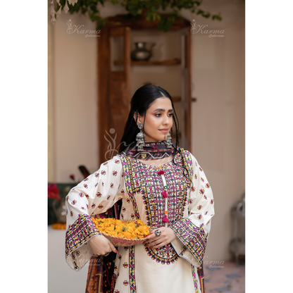 KC-1433 Embroidered Cambric Cotton Farshi Shalwar Kameez Ready to Wear 3 Pc - Karma Collection