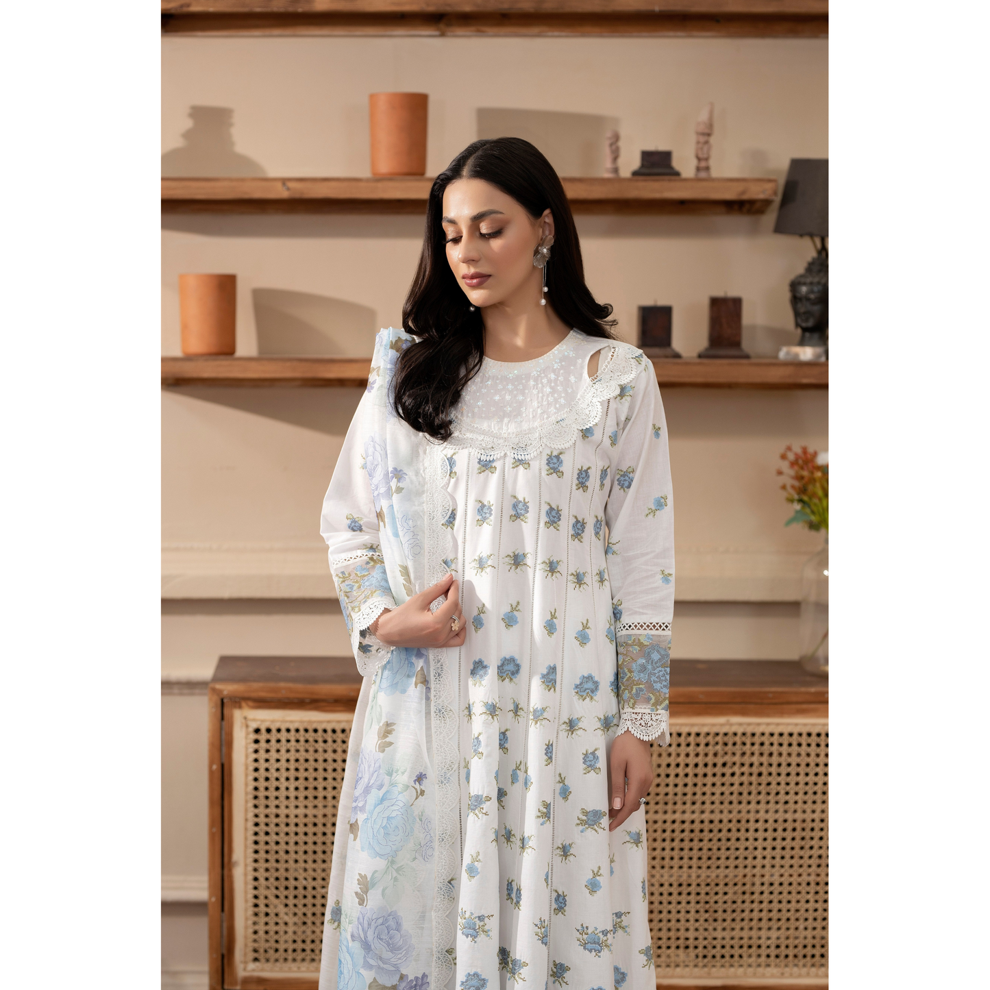 KC-1436 Embroidered Cambric Cotton long Frock Dress Ready to Wear 3 Pc - Karma Collection