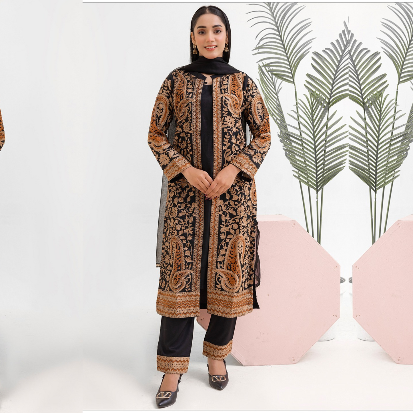UMRZ-44 Embroidered Linen Coat Style Shirt with Pocket Trouser Dress and Chiffon Dupatta 3 Pc |Ready to Wear| Rangz