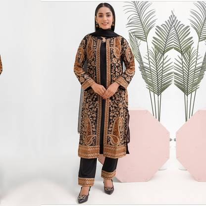 UMRZ-44 Embroidered Linen Coat Style Shirt with Pocket Trouser Dress and Chiffon Dupatta 3 Pc |Ready to Wear| Rangz