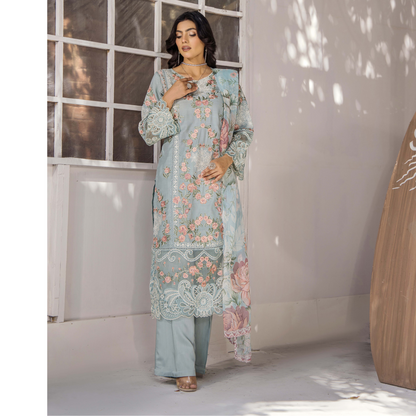 Floral Embroidered Viscose Linen 3 Pc Pakistani Dress | Ready to wear | Traditional Thread