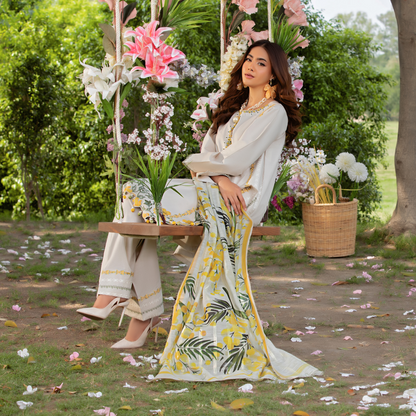 UHE-51 (Beige) 3 Pc Embroidered Cambric Cotton trending Farshi Shalwar ready to wear Dress | Summer Wear | Heera's