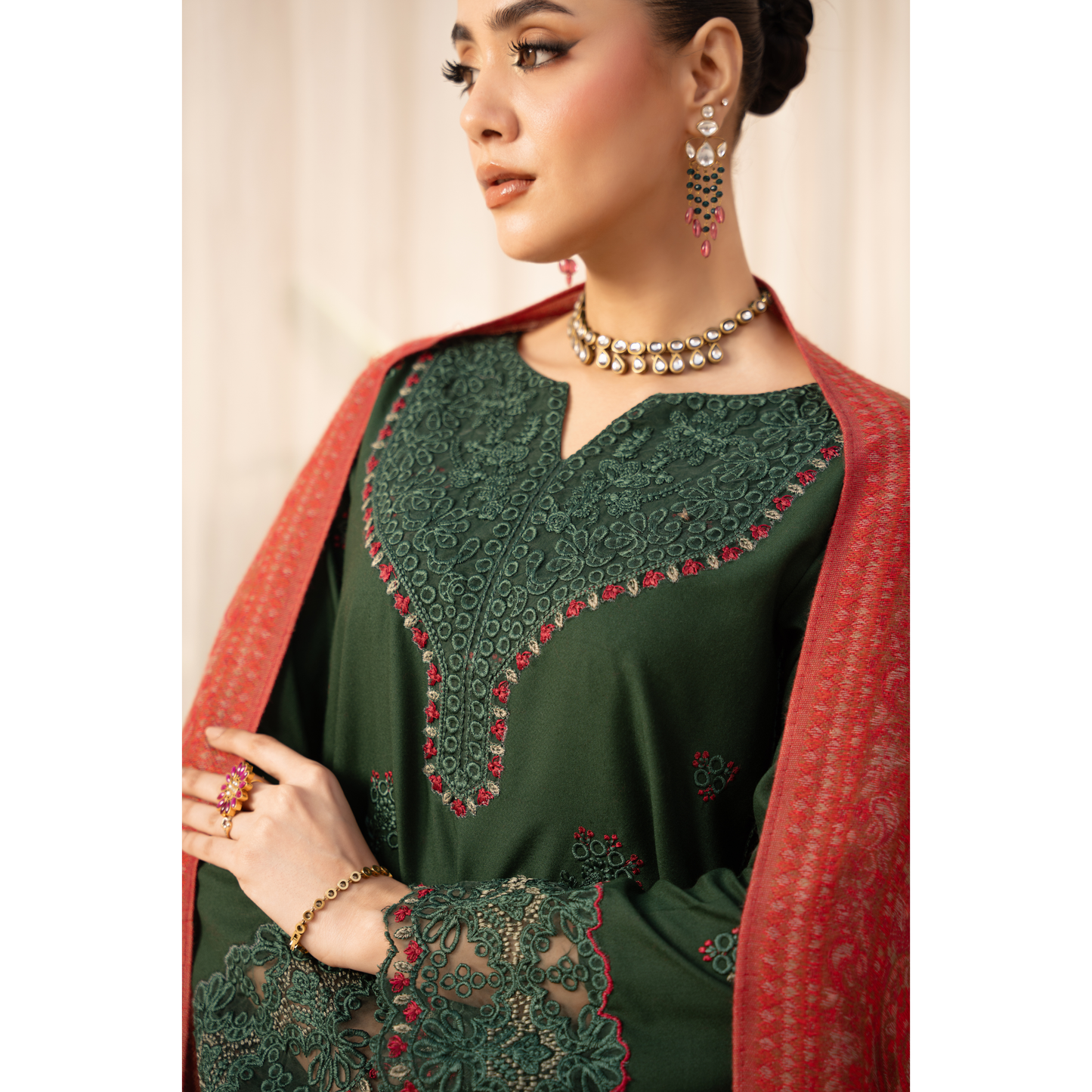 UA-140 Embroidered Dhanak Dress with Pashmina Shawl | Ready to Wear | Asian Clothes